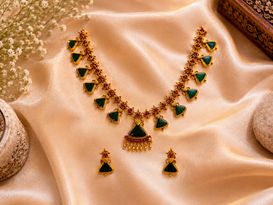 Elegant Green Enamel Worked Necklace Set