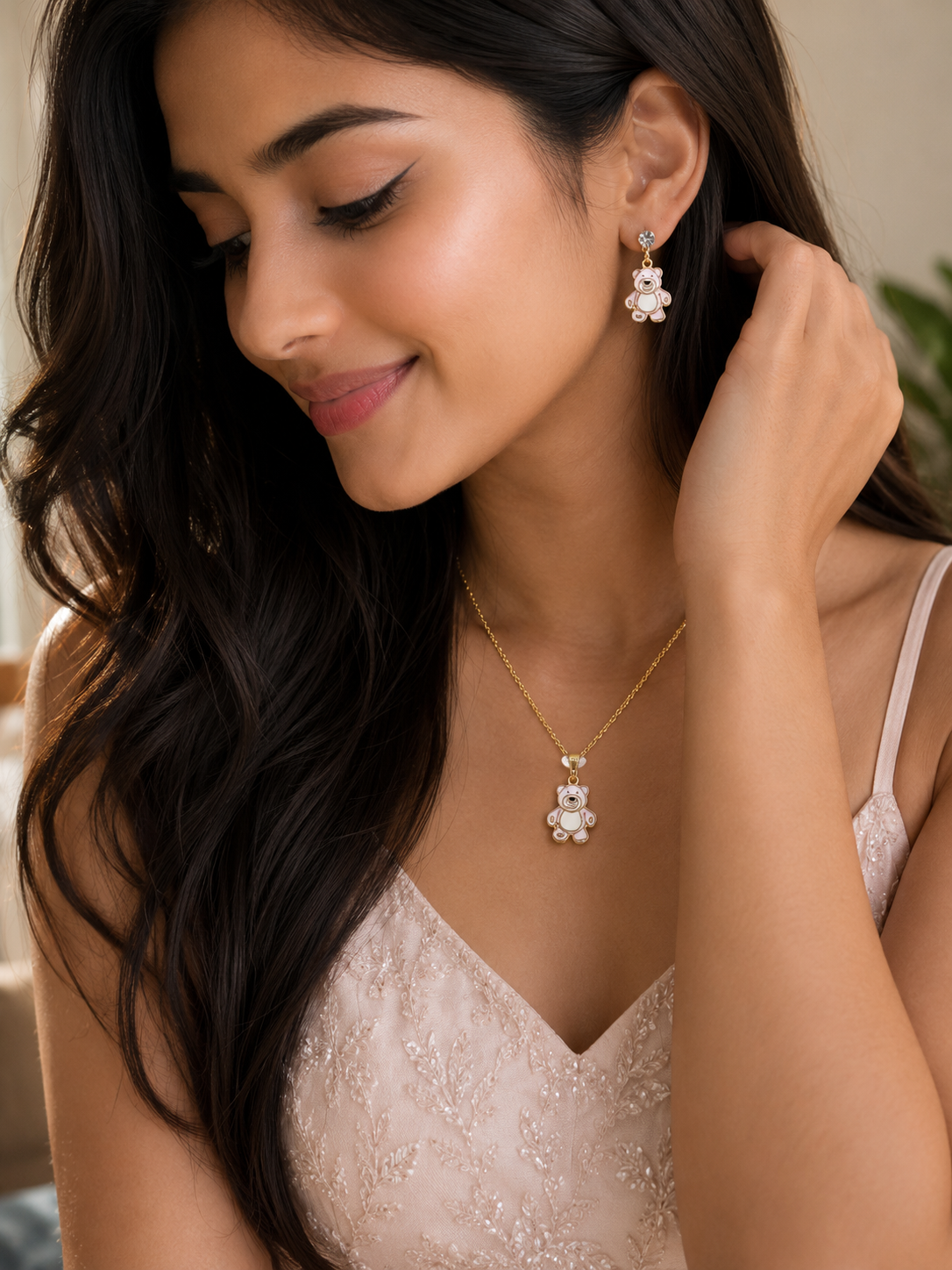 Cute TeddyBear Pendent Chain and Stud