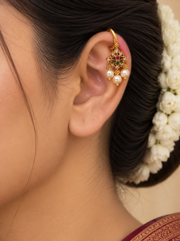 Floral Kundan Bugadi with Pearl Drops