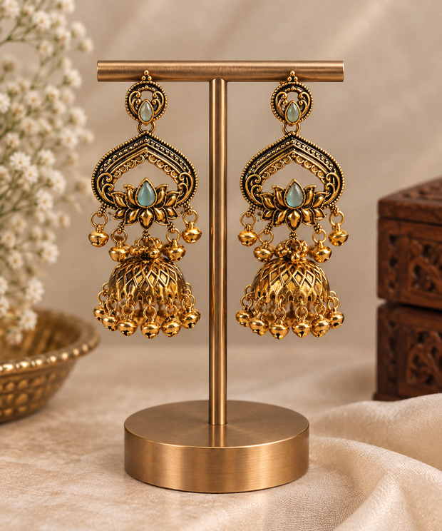 Antique Gold Lotus Jhumka Earrings