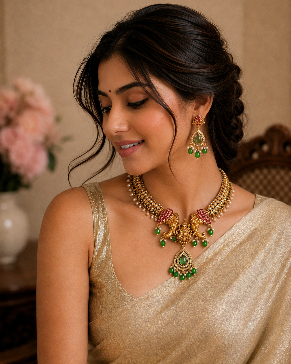 Lakshmi Elephant Ruby & Emerald Necklace Set