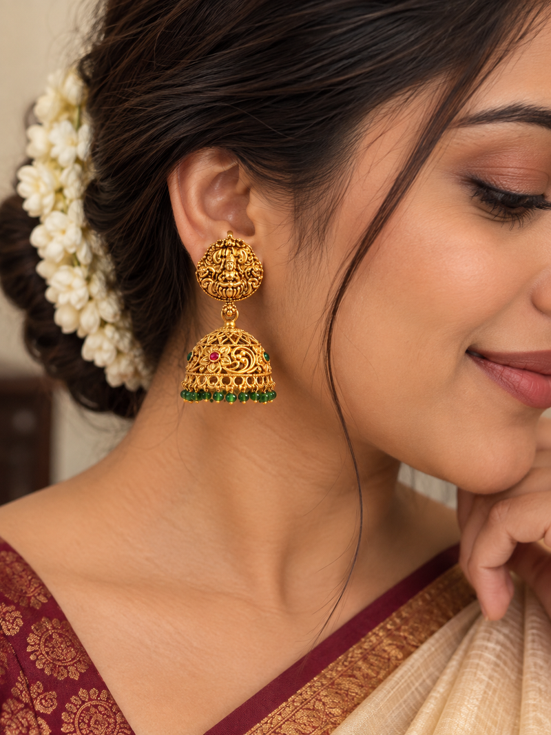 Antique Gold Lakshmi Jhumka with Green Beads