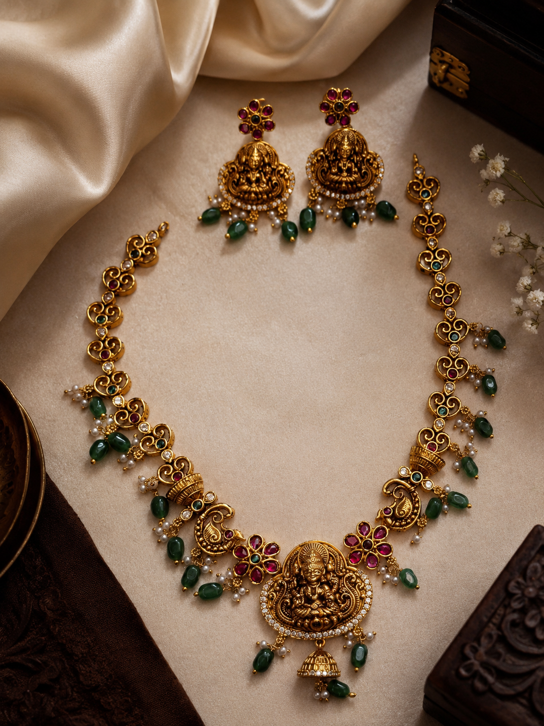 Divine Lakshmi Ruby & Green Bead Necklace Set