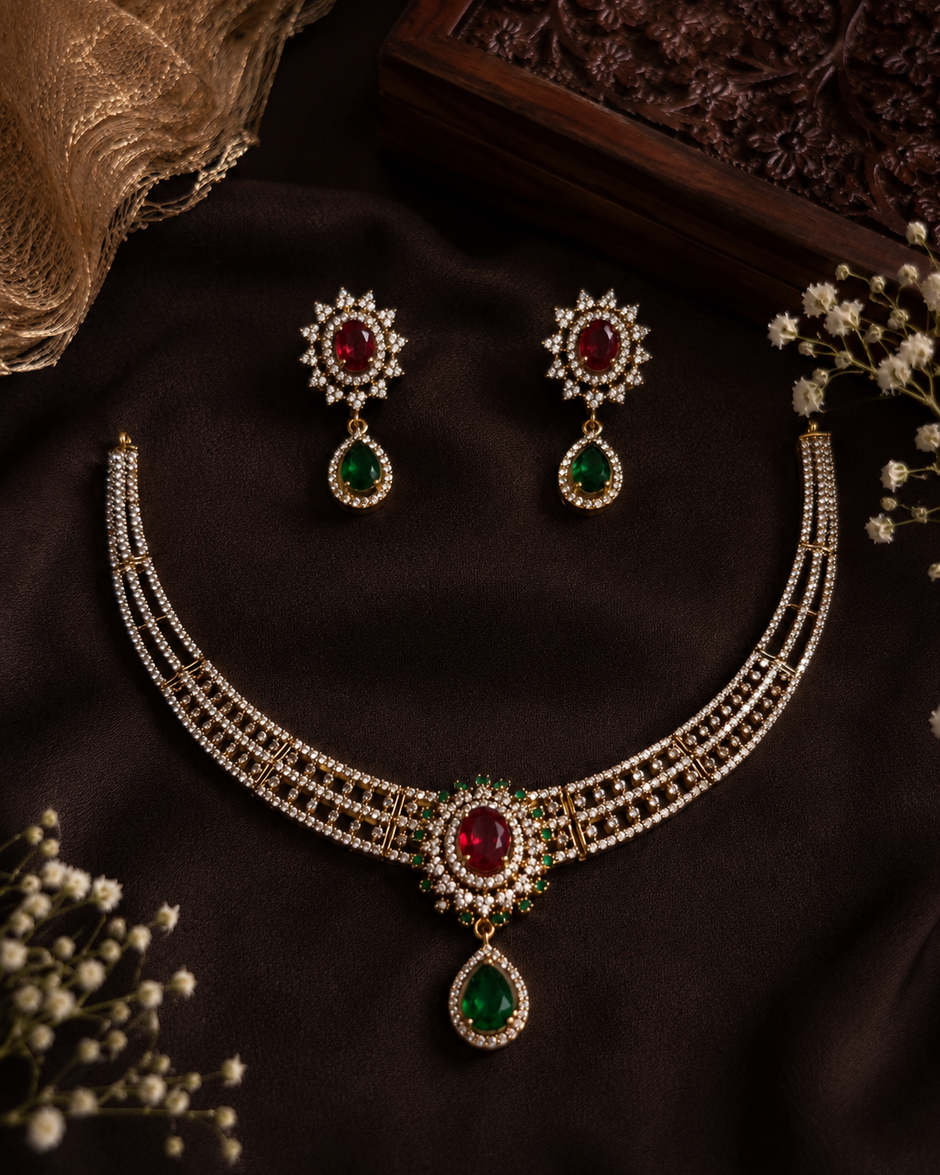 Ruby & Emerald CZ Designer Necklace Set