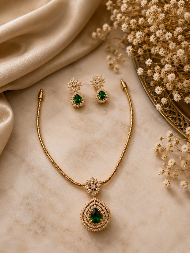 Emerald Drop Floral CZ Necklace Set