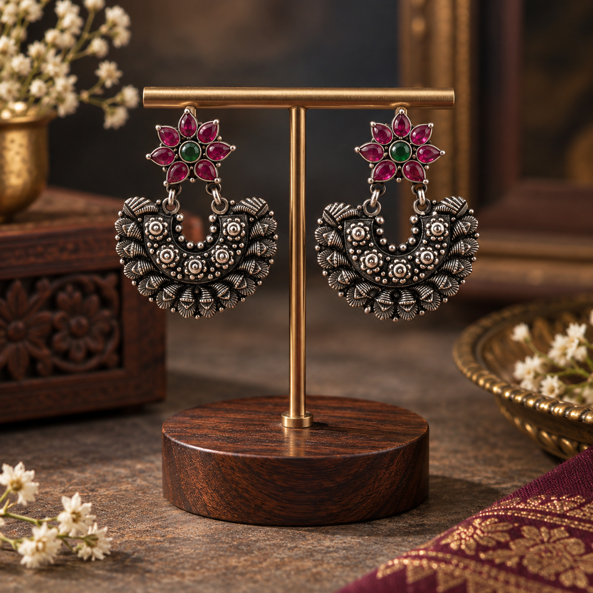 ✨ Ruby & Emerald Floral Pure Silver Chandbali Earrings