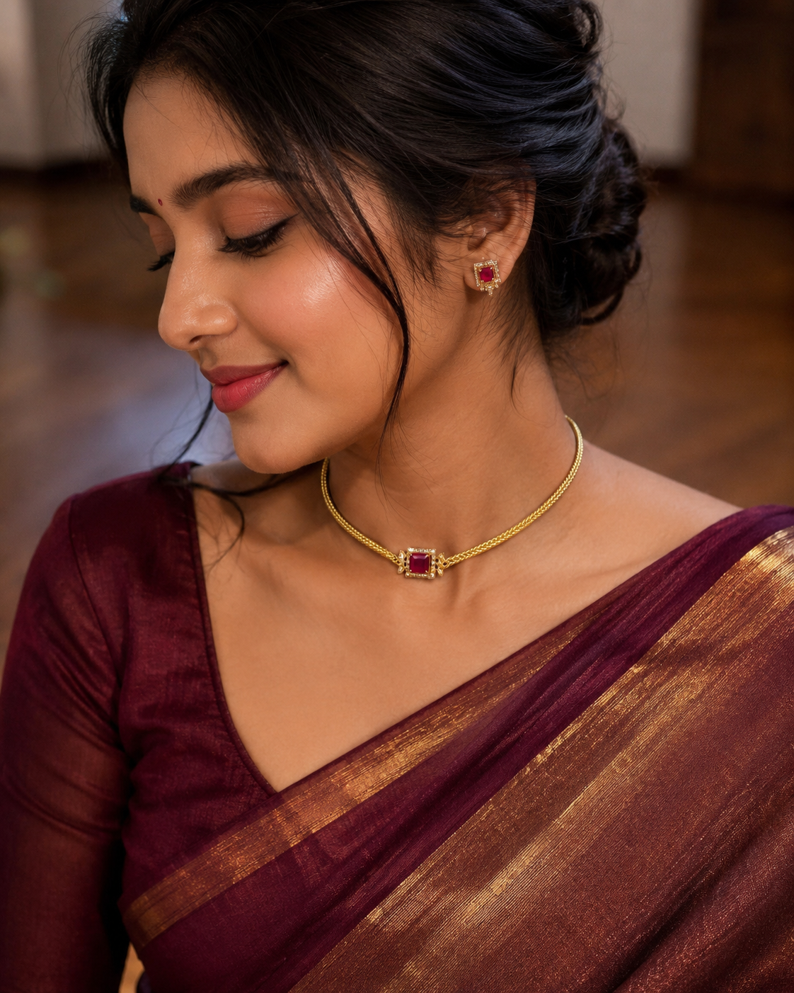 Ruby Square Stone Minimal Choker Set