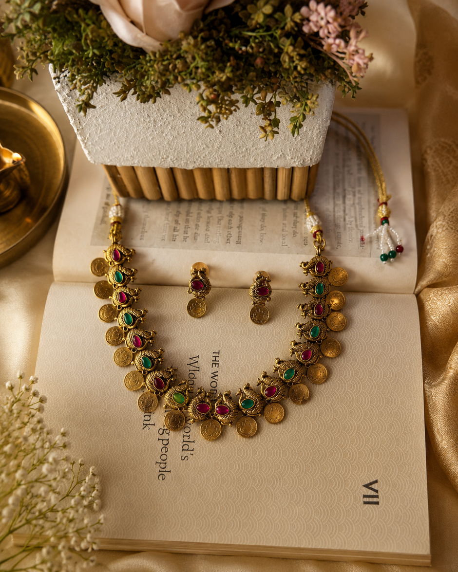 Antique Peacock Coin Choker Necklace Set