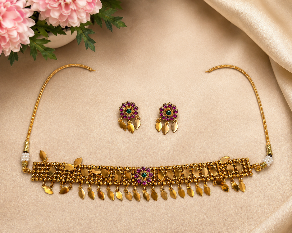 Antique Ruby Green Floral Coin Choker Set