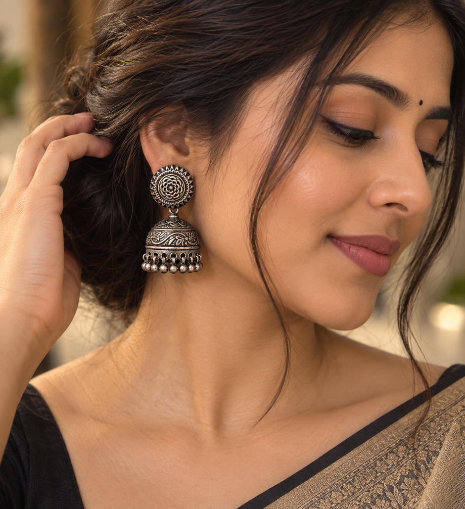 ✨ Antique Floral Pure Silver Jhumka Earrings