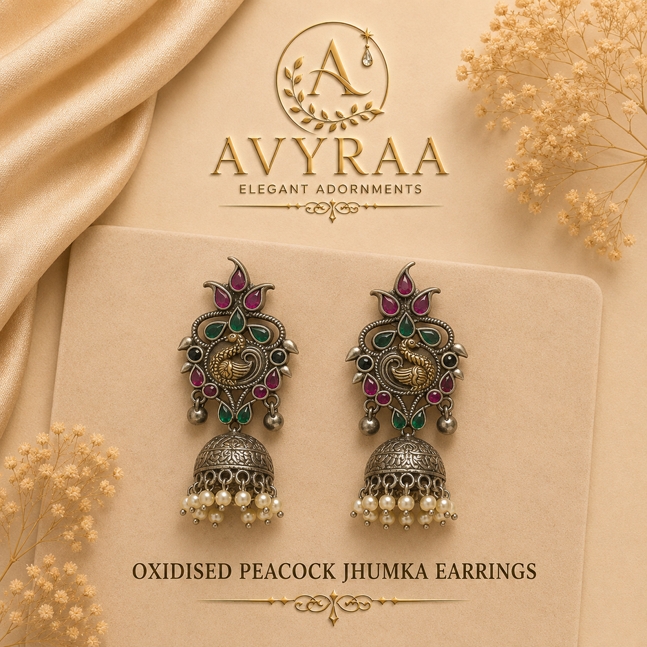 Oxidised Peacock Jhumka Earring
