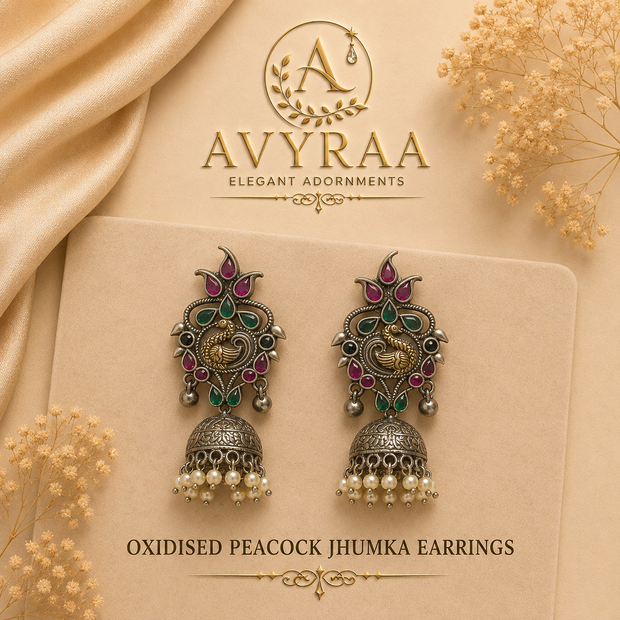 Oxidised Peacock Jhumka Earring