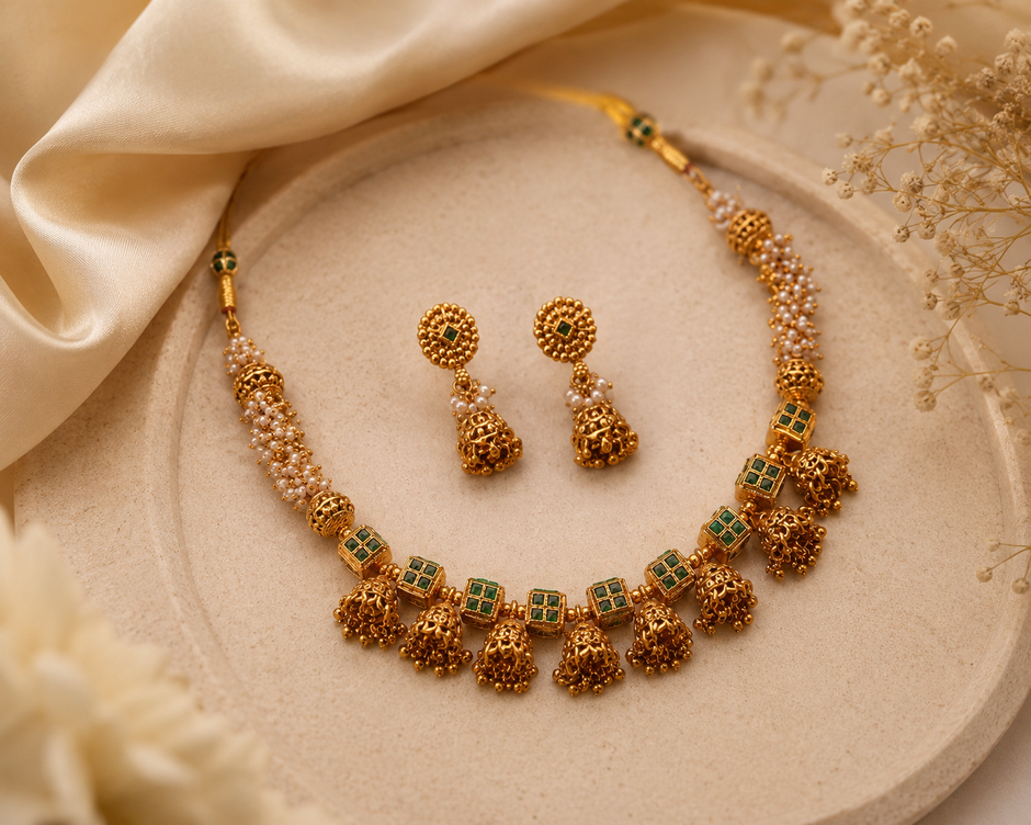 Emerald Beaded Jhumka Necklace Set