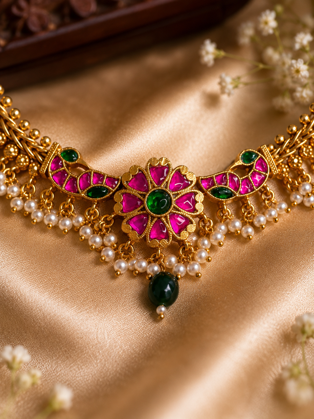 Ruby Green Floral Pearl Necklace – Traditional Designer Jewellery