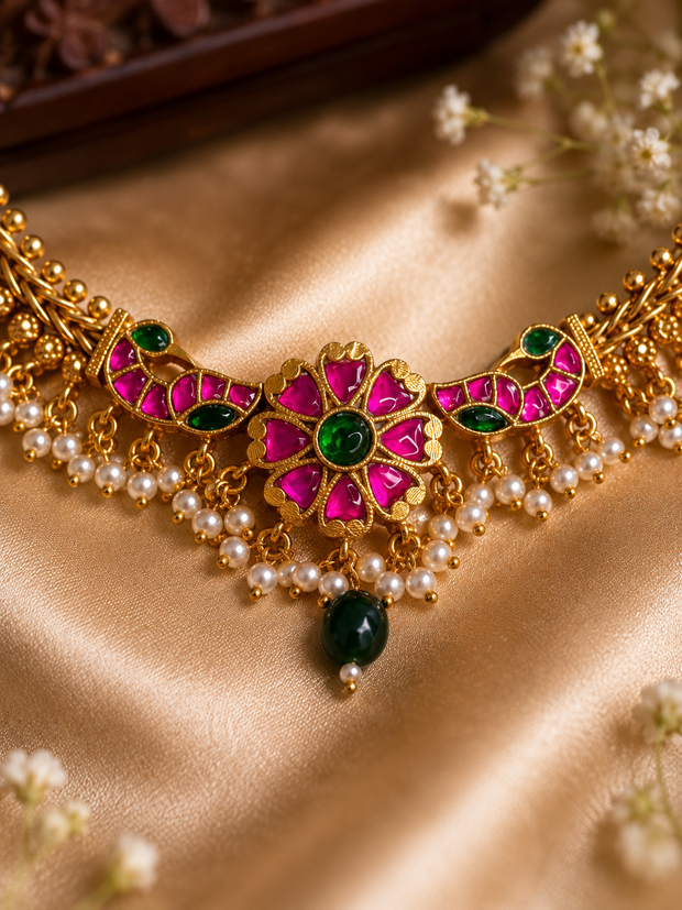 Ruby Green Floral Pearl Necklace – Traditional Designer Jewellery