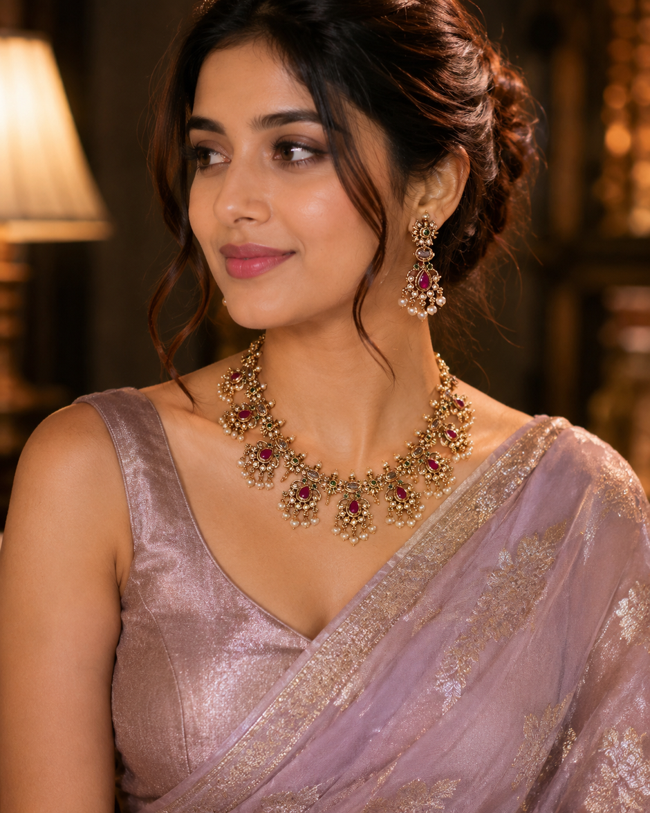Royal Ruby & Pearl Designer Necklace Set