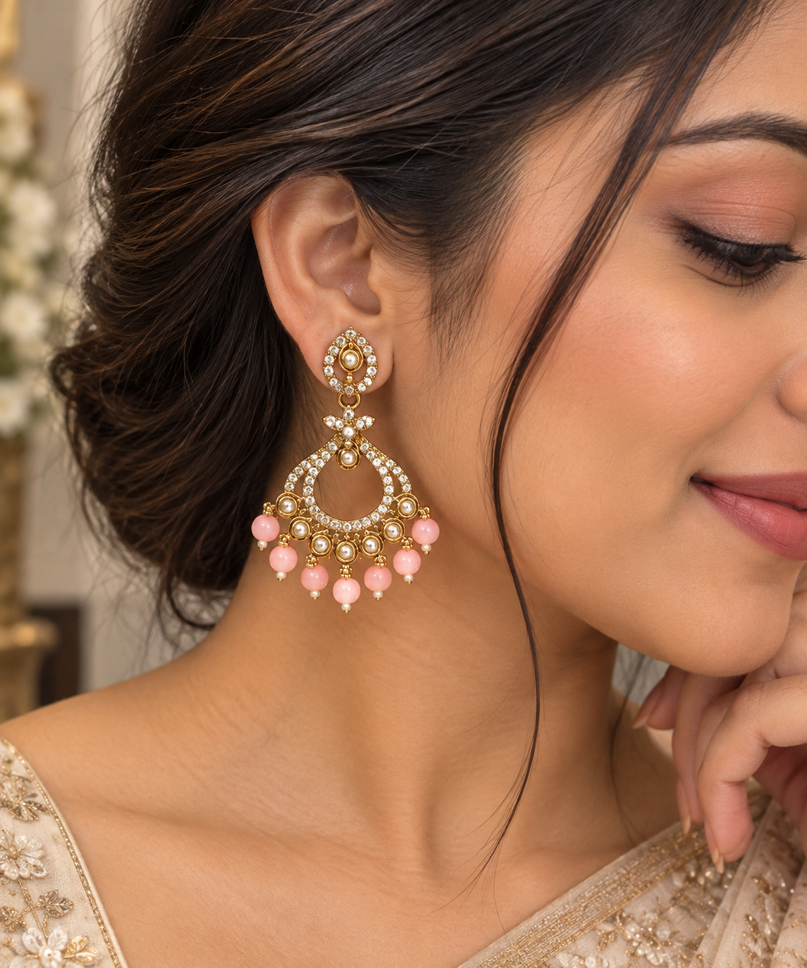 Pearl Pink Stone Chandbali Earrings