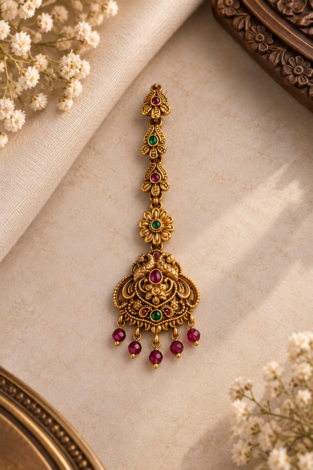 Antique Gold Ruby & Emerald Peacock Tikka