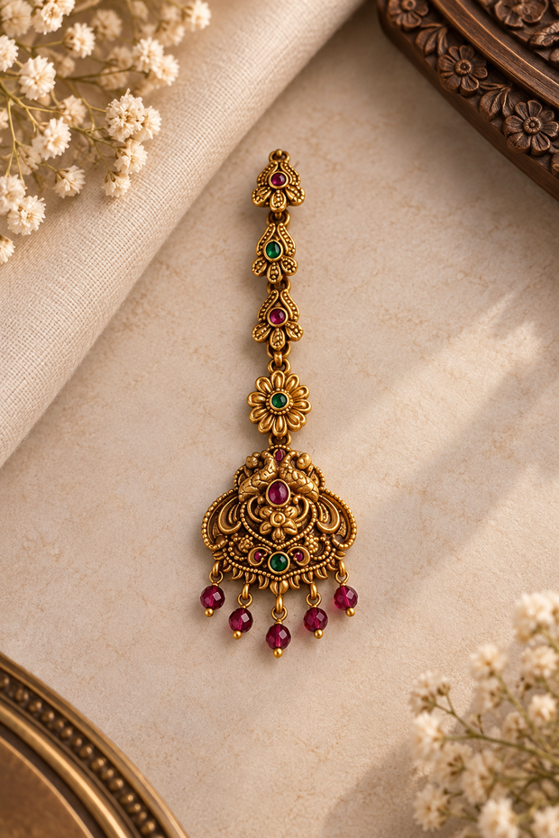 Antique Gold Ruby & Emerald Peacock Tikka