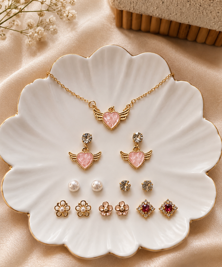 Angel Heart Pink Crystal Necklace and Earring Set