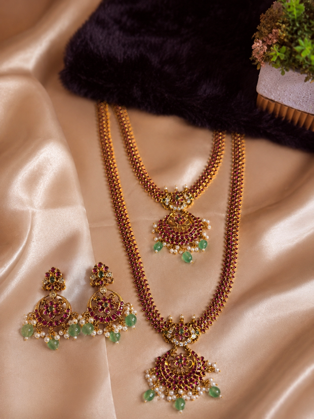 Premium Ruby & Green Beaded Necklace Set