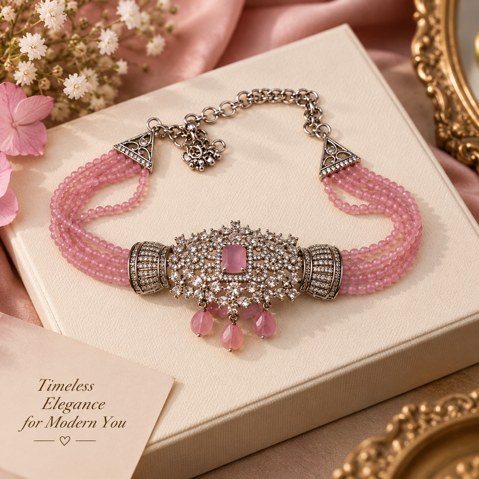 Pink Crystal Elegance Pure Silver Choker