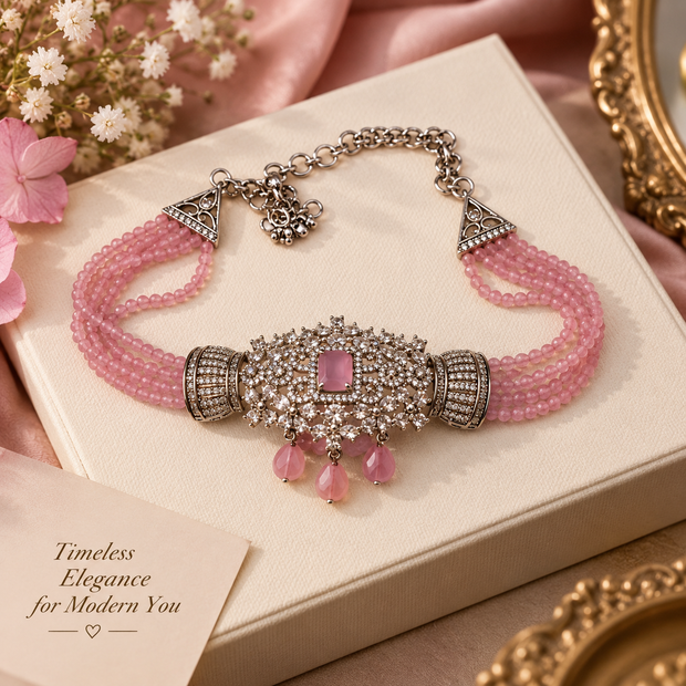 Pink Crystal Elegance Pure Silver Choker