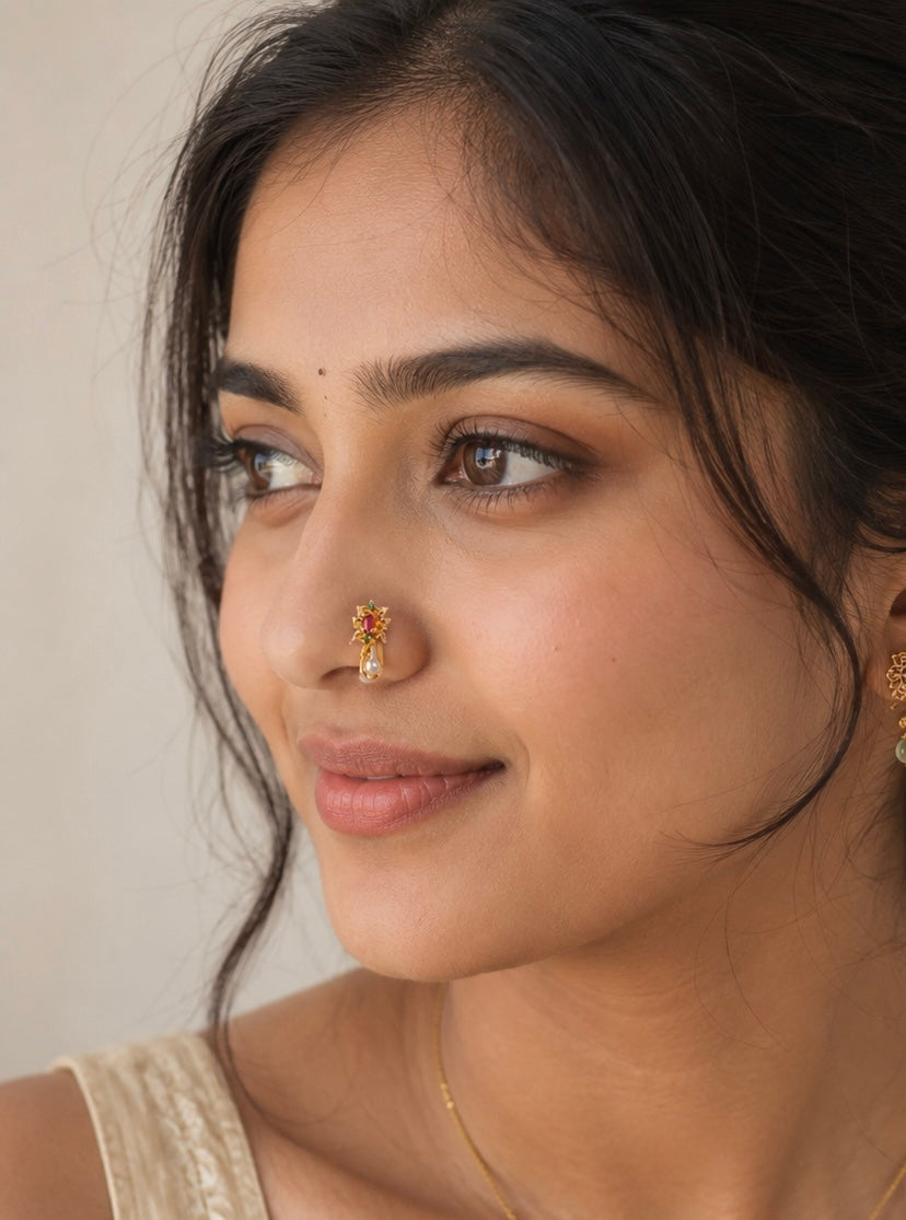 Ruby and Emerald Floral Pearl Nose Ring