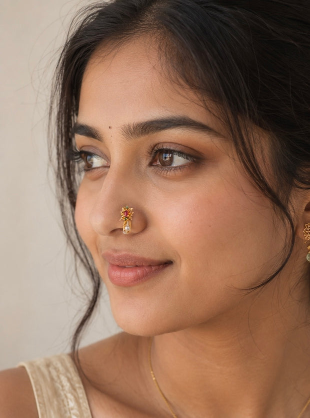 Ruby and Emerald Floral Pearl Nose Ring