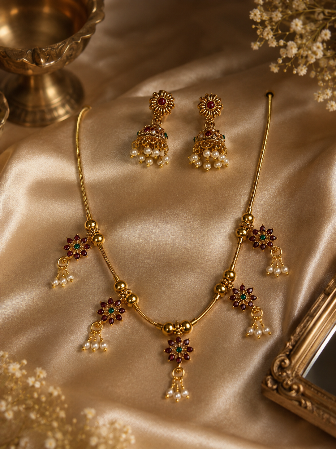 Antique Floral Pearl Drops Necklace Set