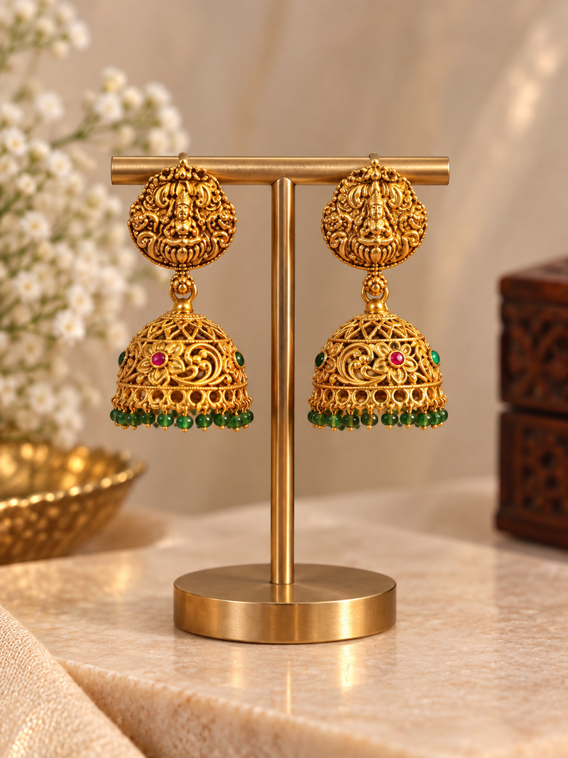 Antique Gold Lakshmi Jhumka with Green Beads