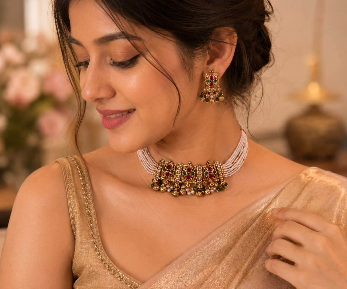 Elegant Pearl Kundan Necklace Set