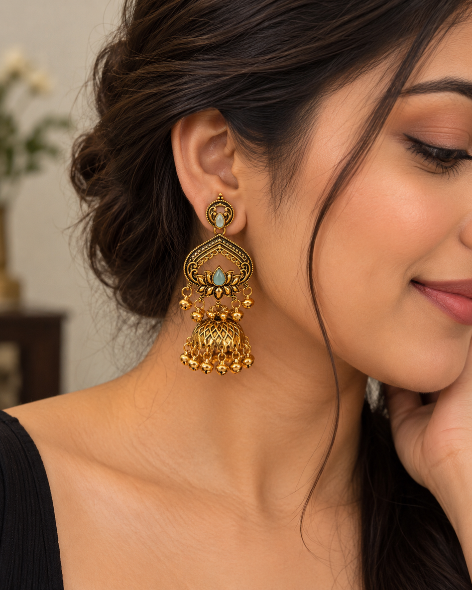Antique Gold Lotus Jhumka Earrings