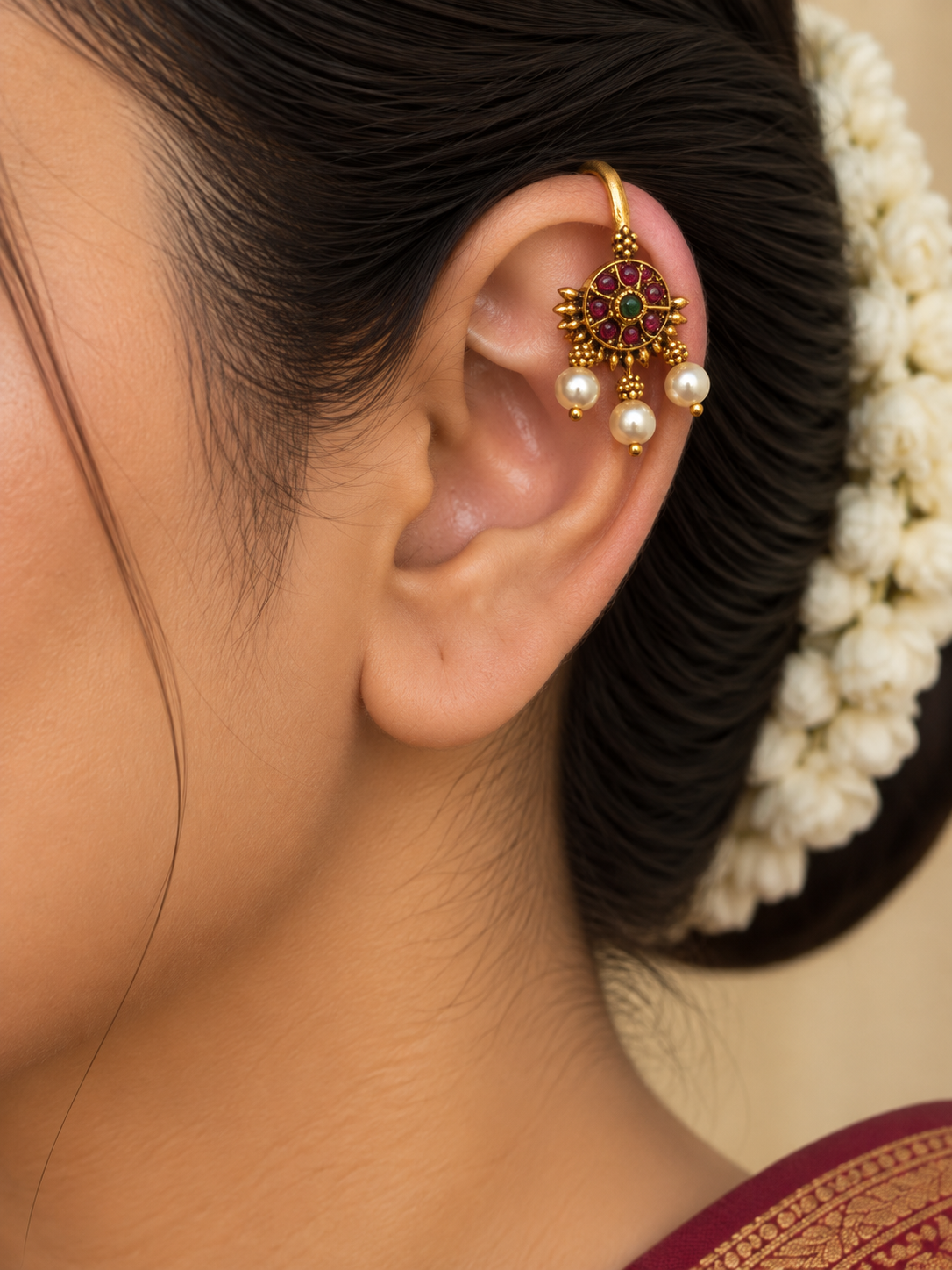 Ruby Green Kundan Bugadi with Pearl Drops