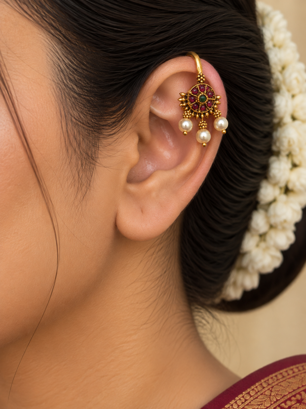 Ruby Green Kundan Bugadi with Pearl Drops