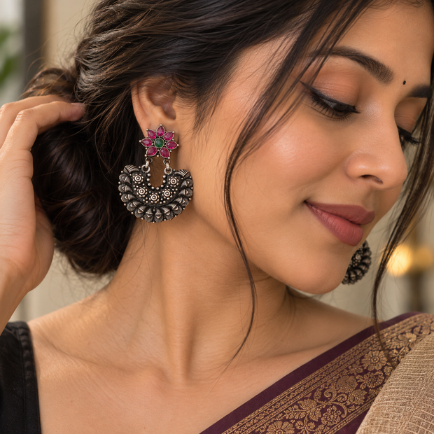 ✨ Ruby & Emerald Floral Pure Silver Chandbali Earrings