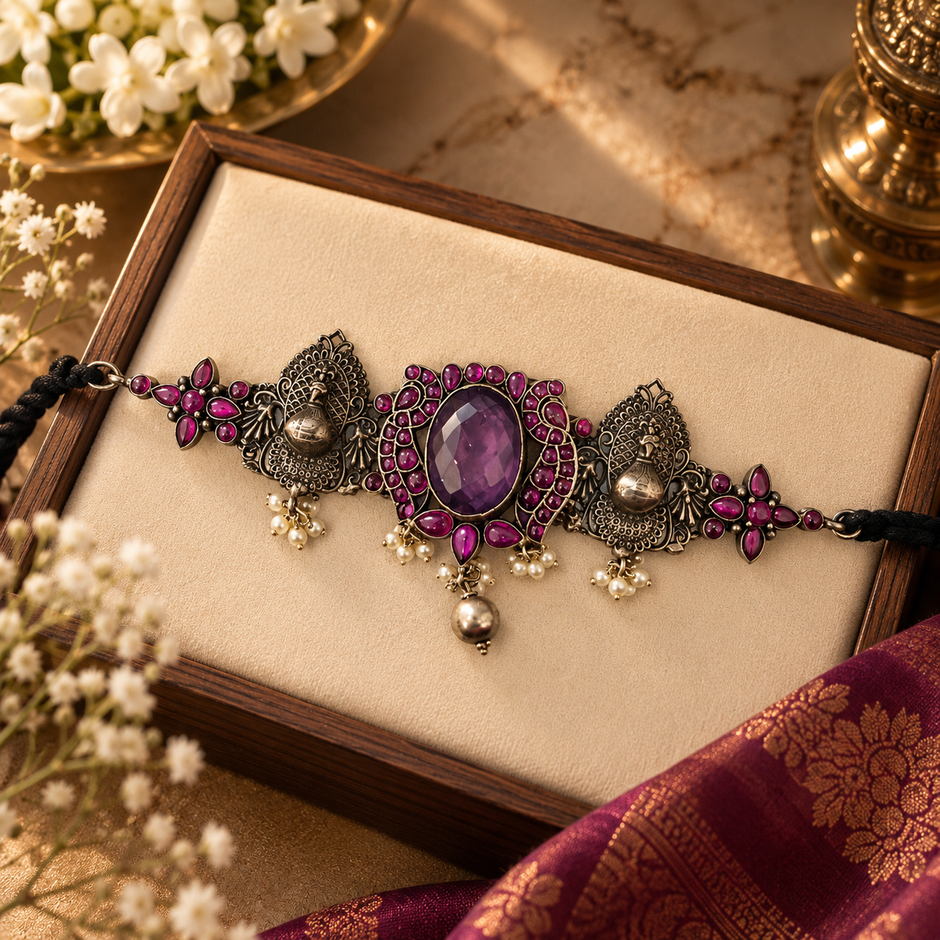 Royal Peacock Ruby Pure Silver Choker