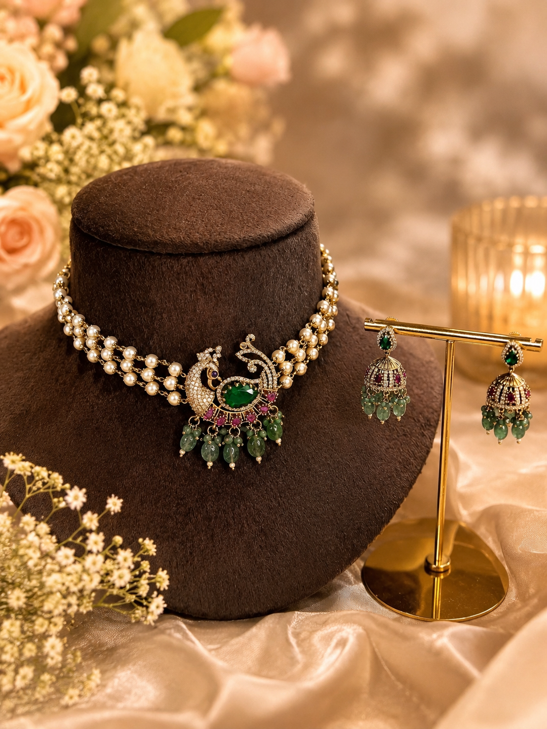 Emerald Peacock Silver-Tone Choker Set