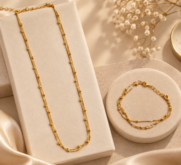 Elegant Gold Beaded Chain & Bracelet Set