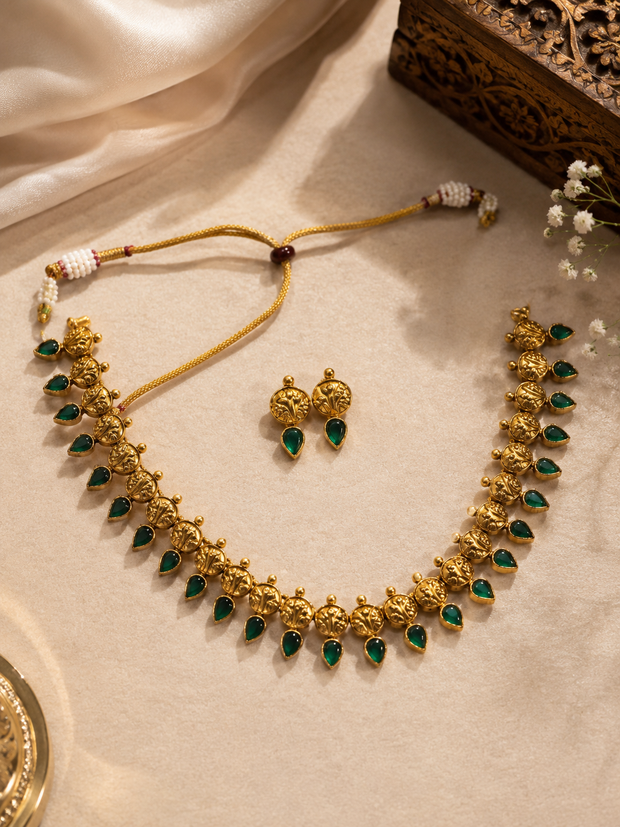 Antique Gold Coin & Emerald Drop Necklace Set