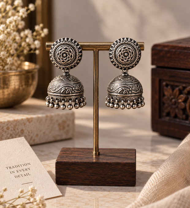 ✨ Antique Floral Pure Silver Jhumka Earrings