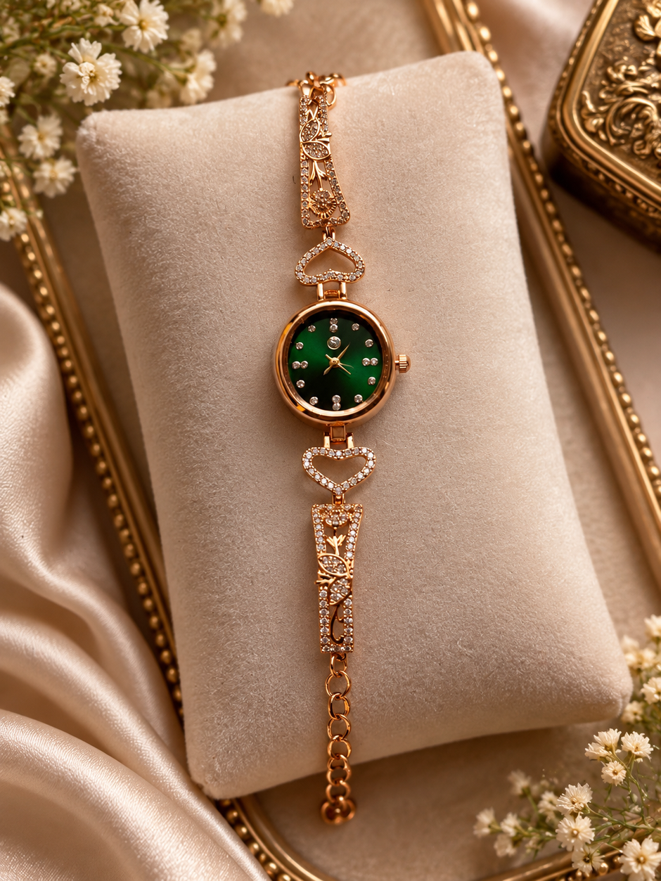 Emerald Charm Gold-Tone Bracelet Watch