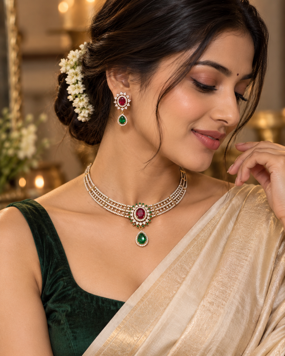 Ruby & Emerald CZ Designer Necklace Set