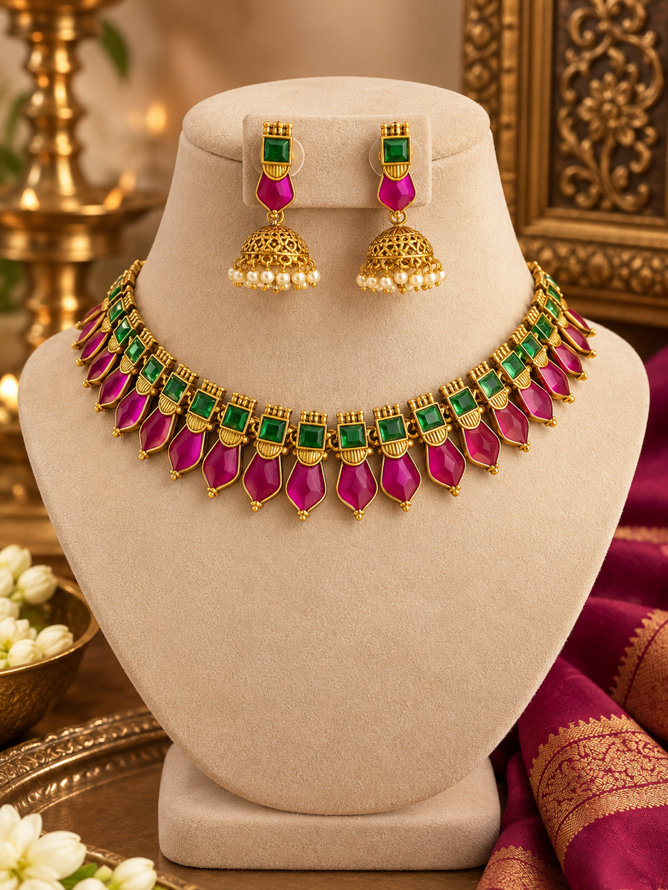 Emerald & Ruby Kundan Leaf Choker Set