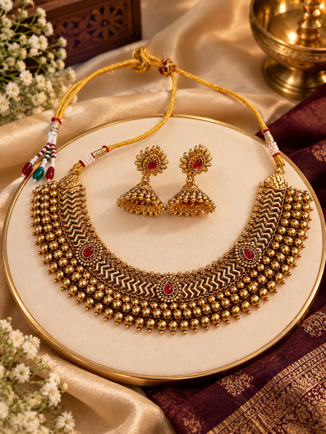 Antique Gold Ruby Kundan Beaded Choker Set