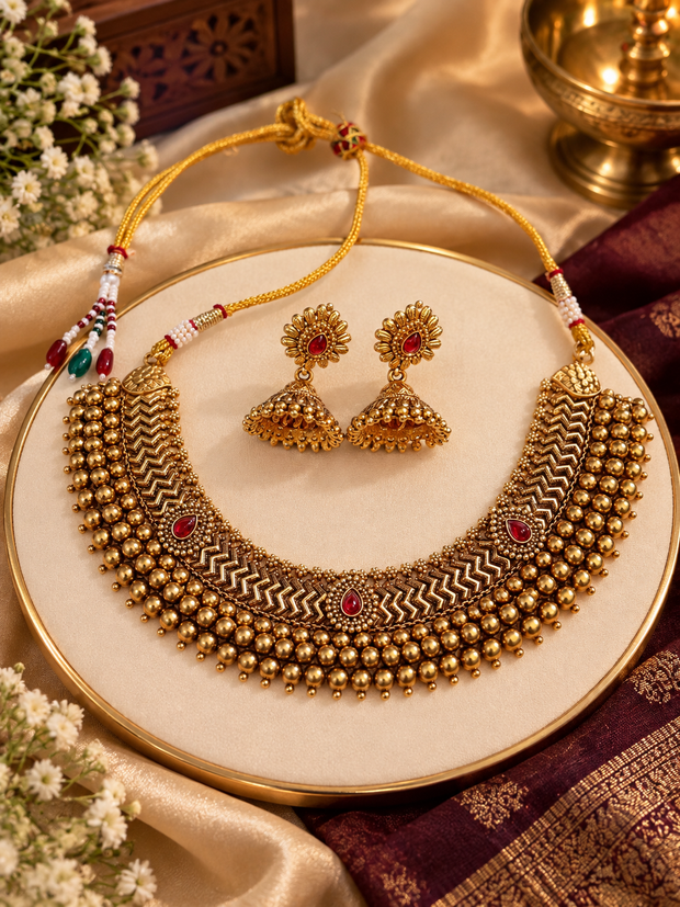 Antique Gold Ruby Kundan Beaded Choker Set