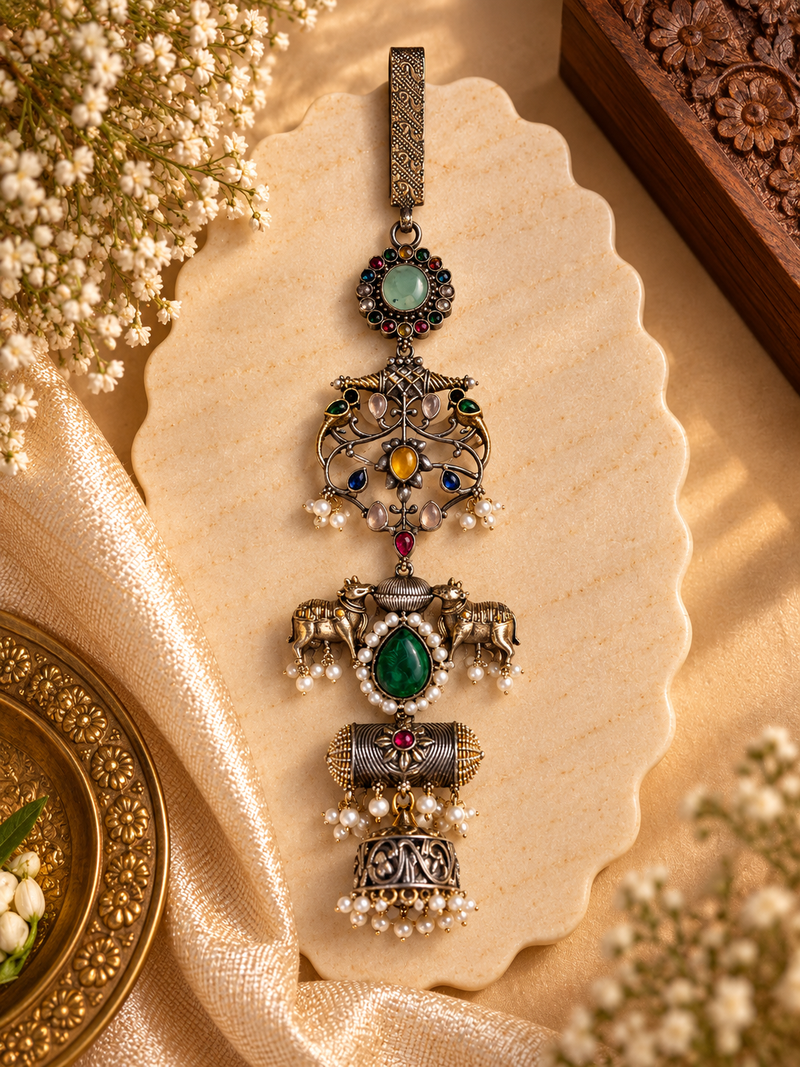 Antique Cow & Peacock Temple Motif Long Saree Brooch