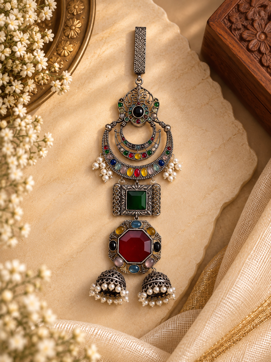 Oxidised Multistone Chandbali Saree Brooch