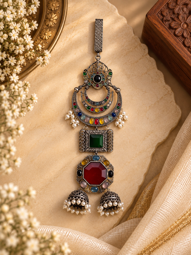 Oxidised Multistone Chandbali Saree Brooch