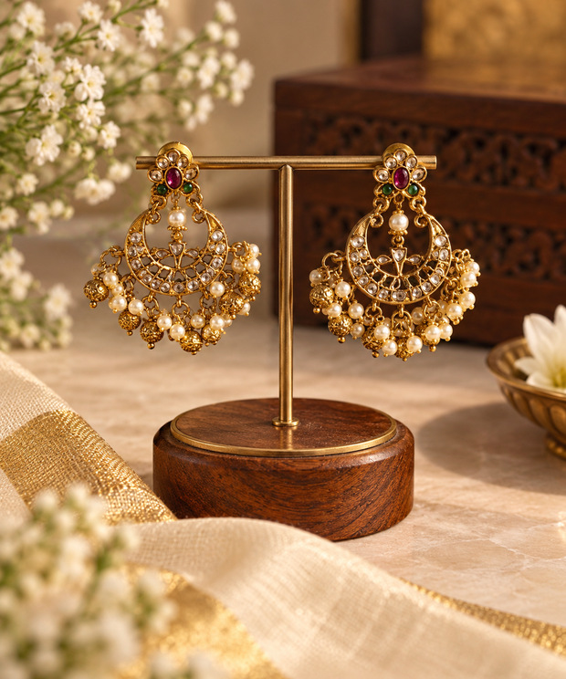 Premium Ruby & Pearl Chandbali Jhumka Earrings